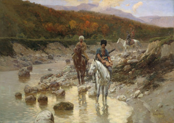 Рубо Франц Алексеевич. Казаки у горной речки. Холст, масло. 72х101. 1898. Государственный Русский музей.