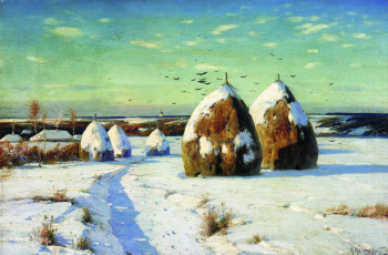Крыжицкий Константин Яковлевич. Зимний пейзаж со стогами. Холст, масло. 53х81. 1910. Государственный художественный музей (Ханты-Мансийск).