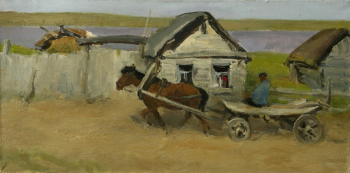 Угаров Борис Сергеевич. Телега с мужиком в голубой рубашке. Холст, масло. 50х100. 1989. Рязанский государственный областной художественный музей имени И.П.Пожалостина.