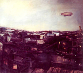 Щукин Юрий Прокопьевич. Дирижабль над городом. Холст, масло. 100,5х110. 1933. Государственный Русский музей.