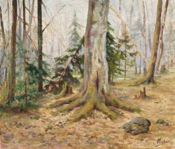 Романова Ольга Александровна. В лесу (Хвойный лес). Холст на картоне, масло. 30,5х35,5. 1950-е. Частное собрание.