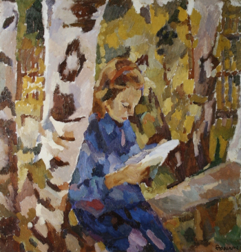 Егоршина Наталия Алексеевна. Девочка в саду. Холст, масло. 84х80. 1958. Государственный историко-художественный и литературный Музей-заповедник Абрамцево.