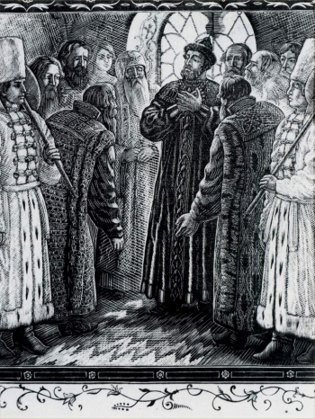 Фаворский Владимир Андреевич. Воцарение Бориса. Бумага, ксилография. 14х11. 1954. Частное собрание.