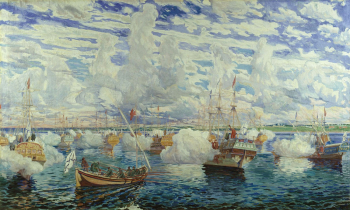 Кардовский Дмитрий Николаевич. Петровская флотилия на Переславском озере 25 августа 1692 года. Холст, масло. 263х142. 1927. Переславль-Залесский государственный историко-архитектурный и художественный музей-заповедник.