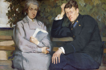 Кардовский Дмитрий Николаевич. Портрет писательницы и деятельницы народного образования Софьи Семёновны Миримановой и её воспитанника студента-юриста Ефима Митрофановича Овсянникова. Холст, масло, темпера. 89х135. 1905. Государственный Русский музей.