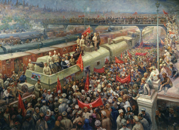 Модоров Фёдор Александрович. Встреча бронепоезда III Интернационал в Баку в 1920 году. Холст, масло. 200х277. 1933. Государственный центральный музей современной истории России.