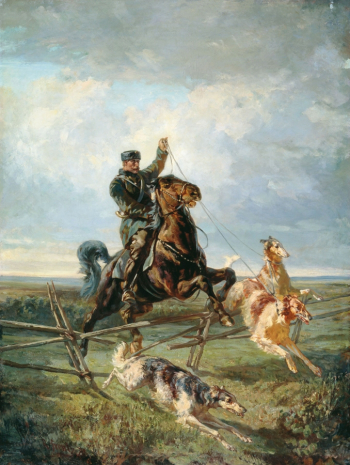 Френц Рудольф Фердинандович (Фёдорович). Егерь с тремя борзыми. Холст, масло. 112х85. 1872. Государственный Русский музей.