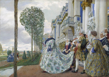 Лансере Евгений Евгеньевич. Императрица Елизавета Петровна в Царском Селе. Бумага на картоне, гуашь. 43,5х62. 1905. Государственная Третьяковская галерея.