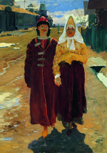 Рябушкин Андрей Петрович. В гости. Молодые. Холст, масло. 42,5х31,7. 1896. Нижегородский государственный художественный музей.