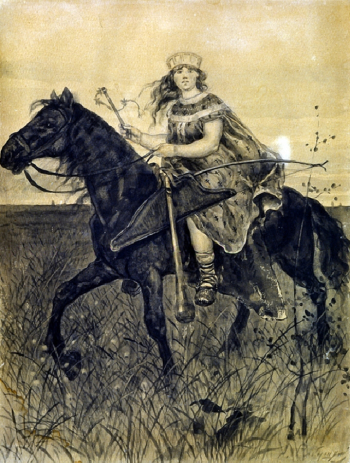 Рябушкин Андрей Петрович. Всадница. Поленица удалая. Бумага, чёрная акварель. 33х25,5. 19 век. Нижегородский государственный художественный музей.