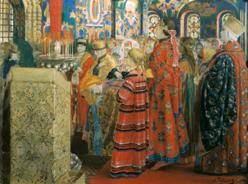 Рябушкин Андрей Петрович. Русские женщины XVII столетия в церкви. Холст, масло. 53х68. 1899. Государственная Третьяковская галерея.