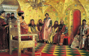 Рябушкин Андрей Петрович. Сидение царя Михаила Фёдоровича с боярами в его государевой комнате. Холст, масло. 146х233. 1893. Государственная Третьяковская галерея.