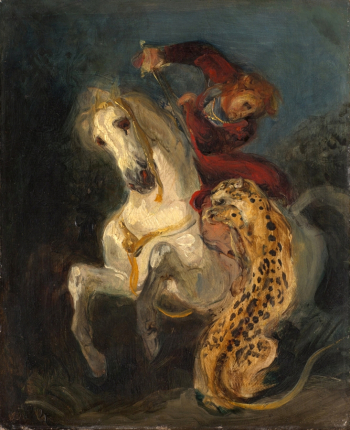 Эжен Делакруа. Всадник, атакованный ягуаром. Холст, масло. 23,5х28,5. 1855. Национальная галерея в Праге.
