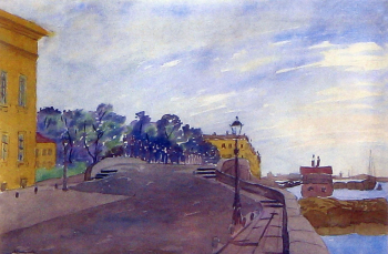 Остроумова-Лебедева Анна Петровна. Набережная Невы. Кублинский мостик. Бумага, акварель. 31х46. 1918. Бердянский художественный музей имени И.И.Бродского.