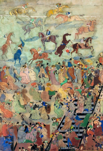 Якулов Георгий Богданович. Скачки. Бумага на картоне, гуашь, тушь, перо. 102,5х69. 1906. Государственная Третьяковская галерея.