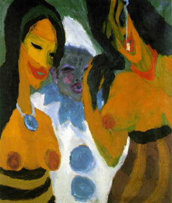 Эмиль Нольде. Женщины и Пьеро. Холст, масло. 100,5х86,5. 1917. Художественное собрание земли Северный Рейн - Вестфалия.