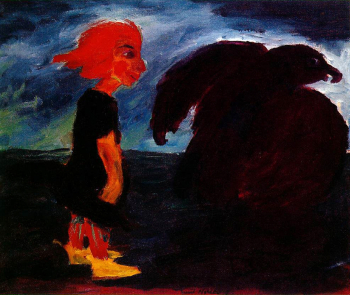 Эмиль Нольде. Ребёнок и большая птица. Холст, масло. 73х88. 1912. Государственный музей искусств (Копенгаген).