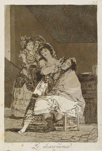 Франсиско Гойя. Она его гладко бреет. Бумага, офорт. 20х14. 1799. Библиотека Каталонии.
