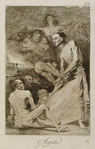 Франсиско Гойя. Поддувает. Бумага, офорт. 20х14. 1799. Библиотека Каталонии.