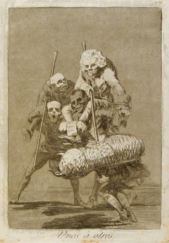 Франсиско Гойя. Друг дружку. Бумага, офорт. 20х14. 1799. Библиотека Каталонии.