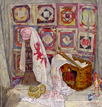 Выставка `Болдинская осень` в ЦДХ. 1999.. Белых Надежда Александровна. Из прошлого (Натюрморт со швейкой). Холст, масло. 1996.