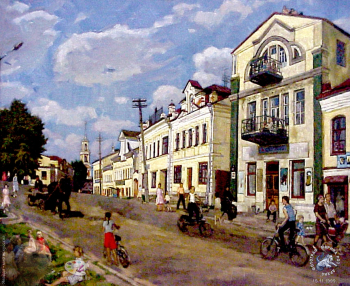 Выставка `Болдинская осень` в ЦДХ. 1999.. Горский Андрей Петрович. Торжок. Тверецкая набережная. Субботний день. Холст, масло. 1985-1986.