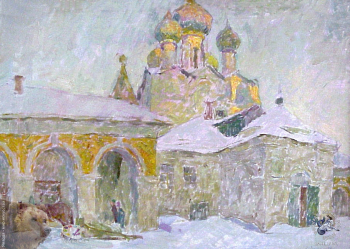 Выставка `Болдинская осень` в ЦДХ. 1999.. Забелин Вячеслав Николаевич . Вечер в Ростове. Картон, масло. 1972.