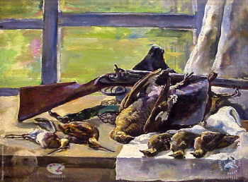 Выставка `Болдинская осень` в ЦДХ. 1999.. Кончаловский Михаил Петрович. Охотничий натюрморт. Холст, масло. 1935.