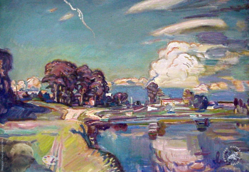 Выставка `Болдинская осень` в ЦДХ. 1999.. Лошаков Олег Николаевич. В день Преображения. Холст, масло. 1999.