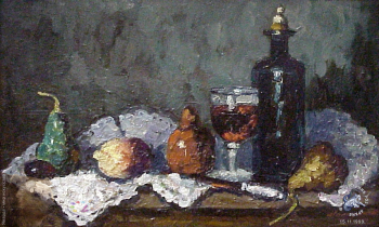 Выставка `Болдинская осень` в ЦДХ. 1999.. Маторин Михаил Арсентьевич. Натюрморт `Фрукты и зелёная бутыль`. Холст, картон, масло. 1976.