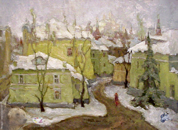 Выставка `Болдинская осень` в ЦДХ. 1999.. Оленников Виктор Иванович. Московский дворик. 59х82. 1990.