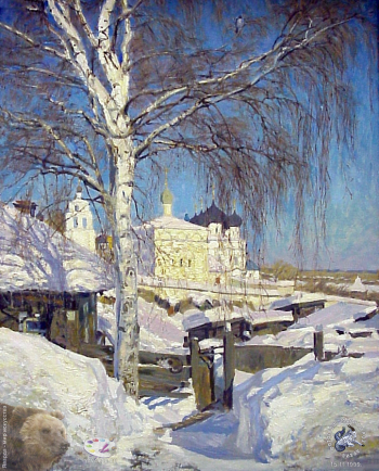 Выставка `Болдинская осень` в ЦДХ. 1999.. Харлов Виктор Георгиевич. Март в Вятке. Холст, масло. 1999.