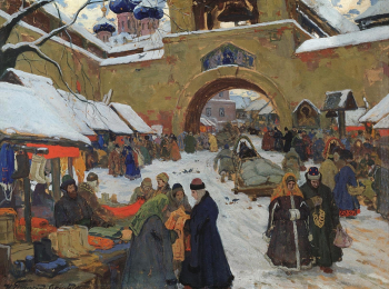 Горюшкин-Сорокопудов Иван Силыч. Базарный день в старом городе. Картон, гуашь, темпера. 73х98. 1910. Пензенская областная картинная галерея имени К.А.Савицкого.