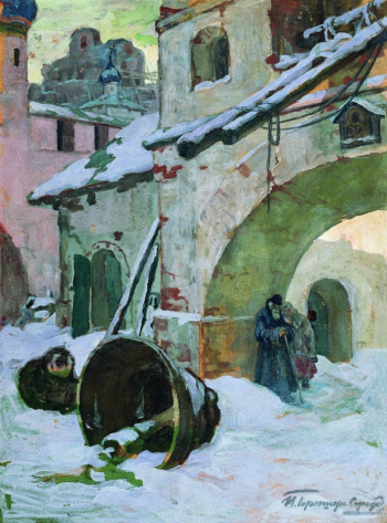 Горюшкин-Сорокопудов Иван Силыч. Упавшие колокола. Картон, гуашь. 71х52. 1930-е. Пензенская областная картинная галерея имени К.А.Савицкого.