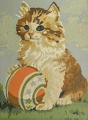 Неизвестный художник. Котёнок с мячиком. Картина по номерам. Холст, масло. Частное собрание.