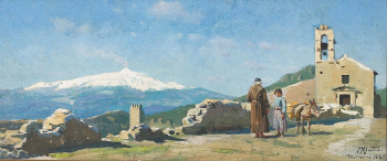 Петер Мёрк Мёнстед. Пейзаж с Этной. Холст, масло. 18х42. 1885. Частное собрание.