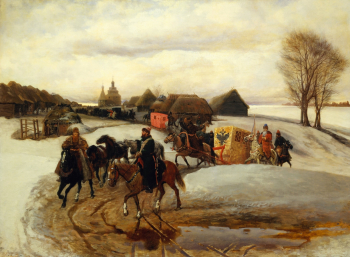 Шварц (Швартц) Вячеслав Григорьевич. Вешний (весенний) поезд царицы на богомолье при царе Алексее Михайловиче. Холст, масло. 57х79. 1868. Государственная Третьяковская галерея.