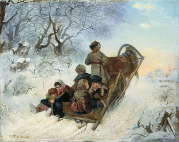 Пелевин Иван Андреевич. Дети в санях. Холст, масло. 34х43. 1870. Нижнетагильский муниципальный музей изобразительных искусств.