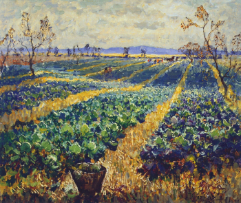 Горбатов Константин Иванович. Капустное поле. Картон, масло. 51х60. 1942. Государственный историко-художественный музей Новый Иерусалим.