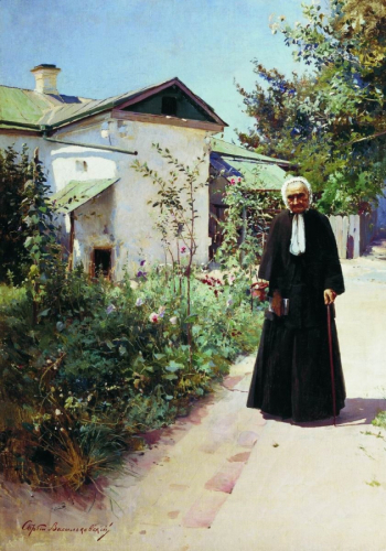 Васильковский Сергей Иванович. Возле палисадника. Портрет Прасковьи Уриловны Васильковской, матери художника. Холст, масло. 134х93. 1895. Харьковский художественный музей.