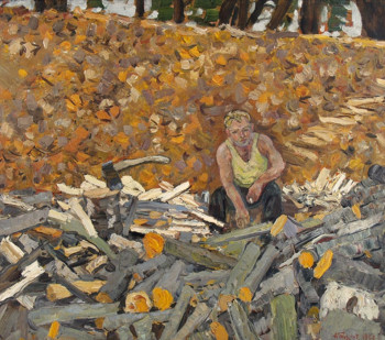 Тутунов Андрей Андреевич. Колка дров. Картон, масло. 65х74,5. 1960. Частное собрание.