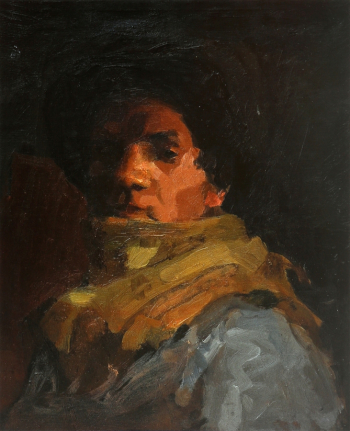 Греку Михаил Григорьевич. Автопортрет с шарфом. Холст, масло. 48,5х40,5. 1957. Национальный музей изобразительного искусства (Кишинев).