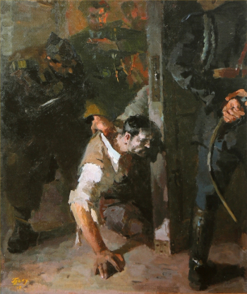 Греку Михаил Григорьевич. В застенках сигуранцы. Холст, масло. 120х100. 1957-1958. Национальный музей изобразительного искусства (Кишинев).