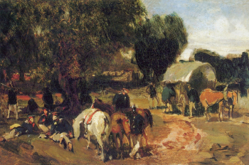 Ханс фон Маре. Воинский лагерь. Холст, масло. 22х33,5. 1862. Новая пинакотека (Мюнхен).