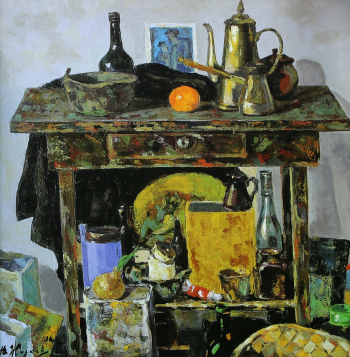 Жарков Юрий Дмитриевич. Стол в мастерской художника. Холст, масло. 82х80. 1998. Собрание семьи художника.