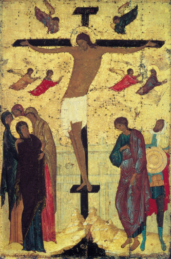 Дионисий. Икона `Распятие Христа`. Дерево, темпера. 85х52. 1500. Государственная Третьяковская галерея.