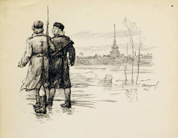 Непринцев Юрий Михайлович. На боевом посту. Бумага, тушь. 35,6х27. 1943. Частное собрание.