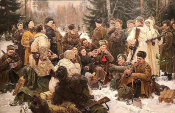 Непринцев Юрий Михайлович. Отдых после боя. Василий Тёркин. Холст, масло. 192х300. 1955. Государственная Третьяковская галерея.
