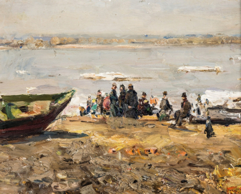 Гремитских Владимир Георгиевич. Дрейфующий лёд на Волге. Картон, масло. 40х50. 20 век. Частное собрание.
