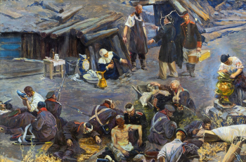 Соколов-Скаля Павел Петрович. Эскиз к панораме `Оборона Севастополя`. Бумага на картоне, масло. 24,7х38. 1950-е. Частное собрание.